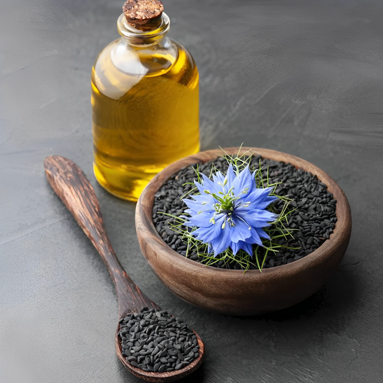 Graines de nigelle entières, ingrédient naturel de l'huile de nigelle bio, présentation brute, source de bienfaits pour la santé.
