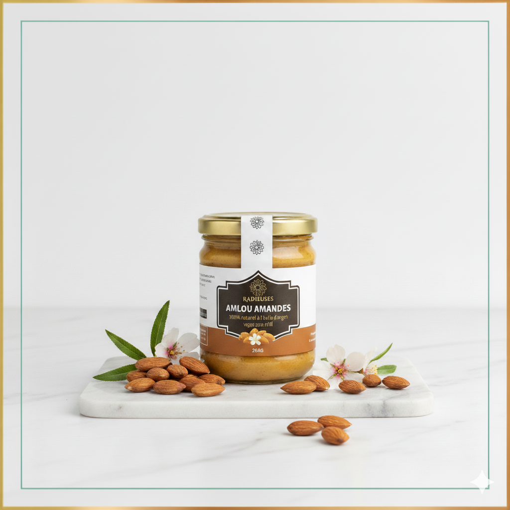 Amlou aux amandes sans miel - Pâte d'argan 100% naturelle et vegan, 200g, produit artisanal de Radieuses.