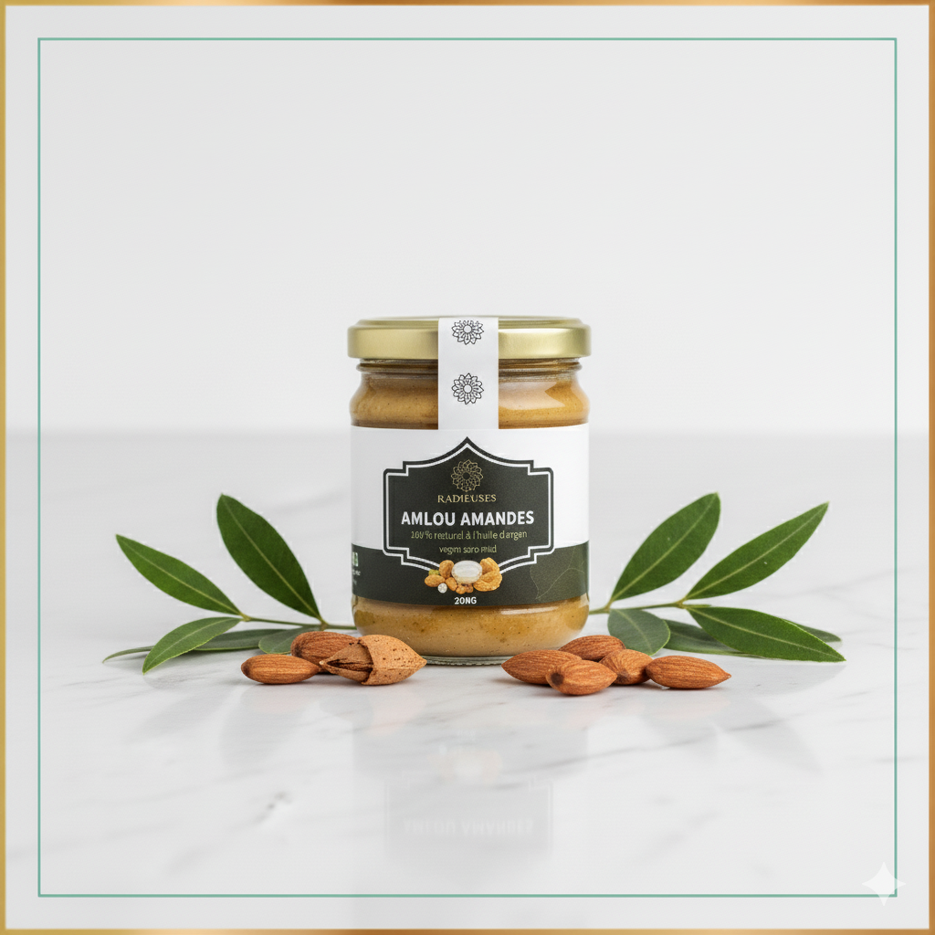 Amlou aux amandes au miel 200g, tartinade marocaine naturelle, pot verre avec étiquette noire