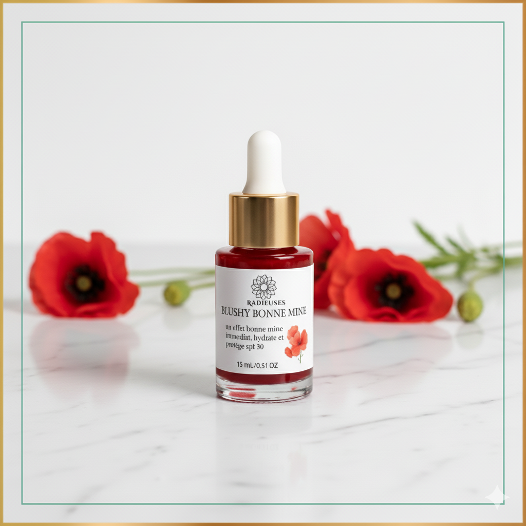 Flacon de 15ml du sérum teinté Blushy Bonne Mine de Radieuses, avec pipette, offrant un effet bonne mine et une protection solaire SPF 30.
