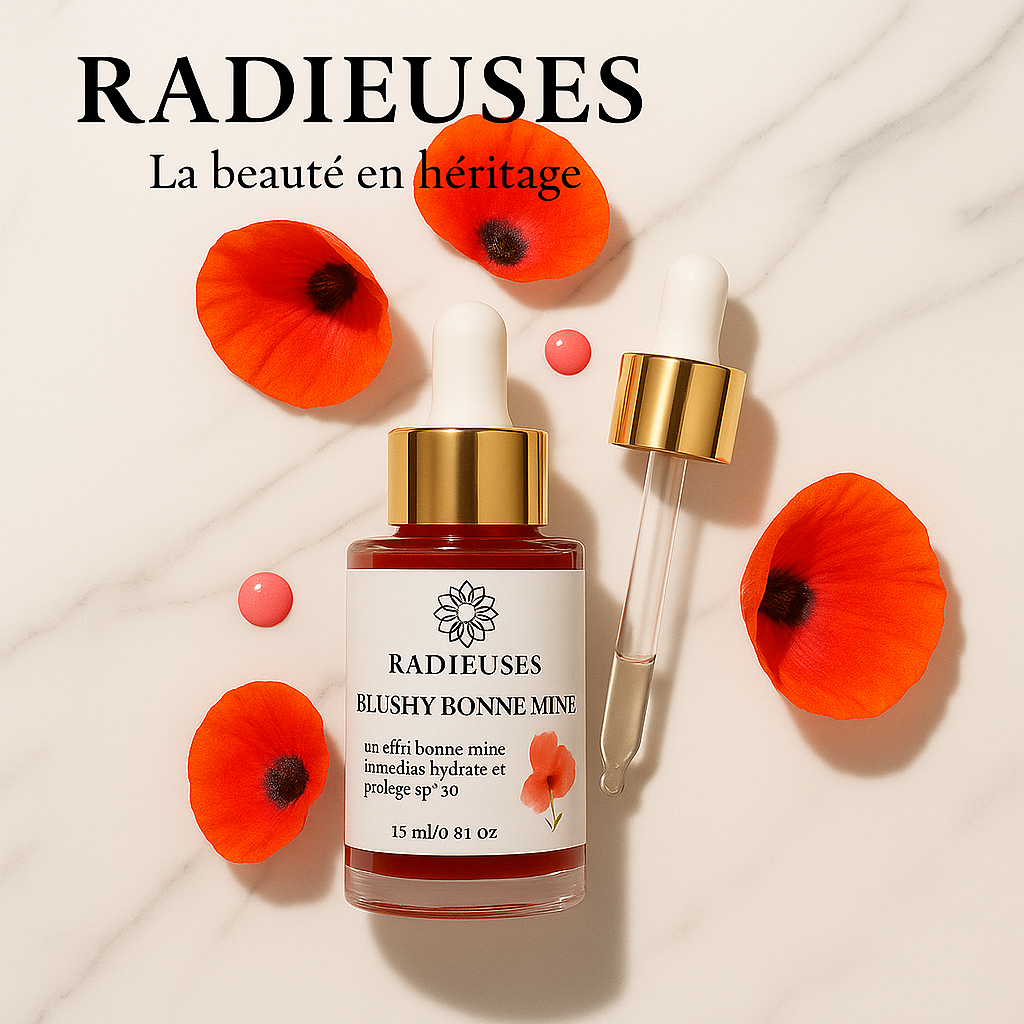 Blushy Bonne Mine Radieuses 15ml, blush liquide rosé avec SPF 30, flacon pipette dorée