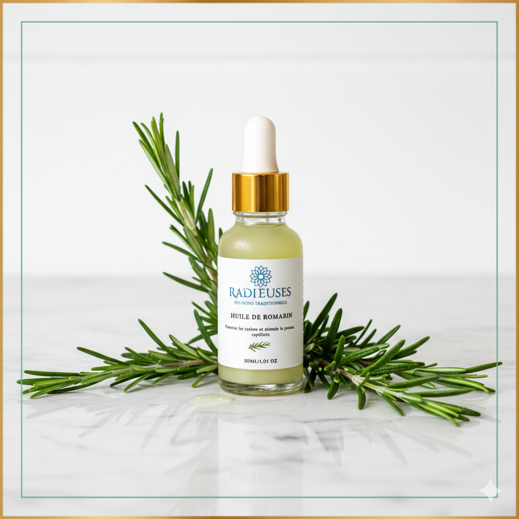Huile de romarin 30ml, soin capillaire stimulant, flacon pipette dorée, purifie peau