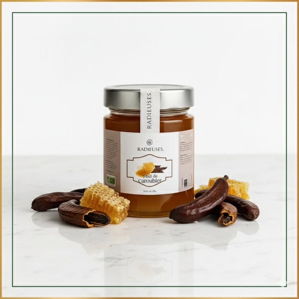 Miel de caroubier 250g, miel naturel au goût cacaoté, pot verre avec étiquette blanche
