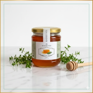 Miel de thym Radieuses 250g, miel antiseptique naturel, pot verre avec étiquette verte