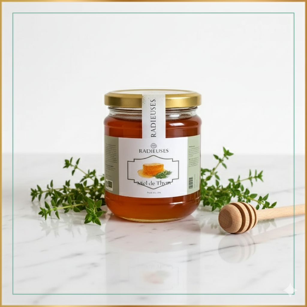 Miel de thym Radieuses 250g, miel antiseptique naturel, pot verre avec étiquette verte