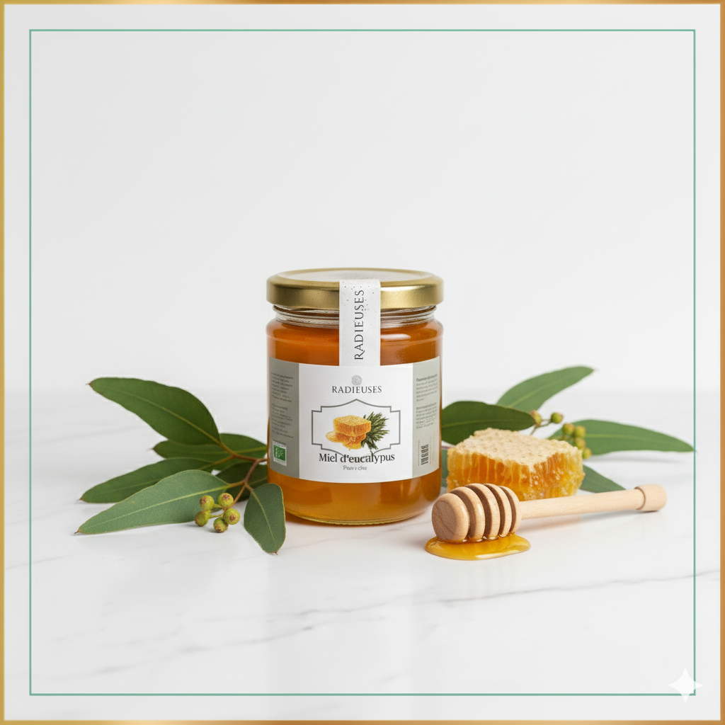 Miel d’eucalyptus Radieuses - Miel pur 250g, apaisant pour les voies respiratoires, goût mentholé et boisé.