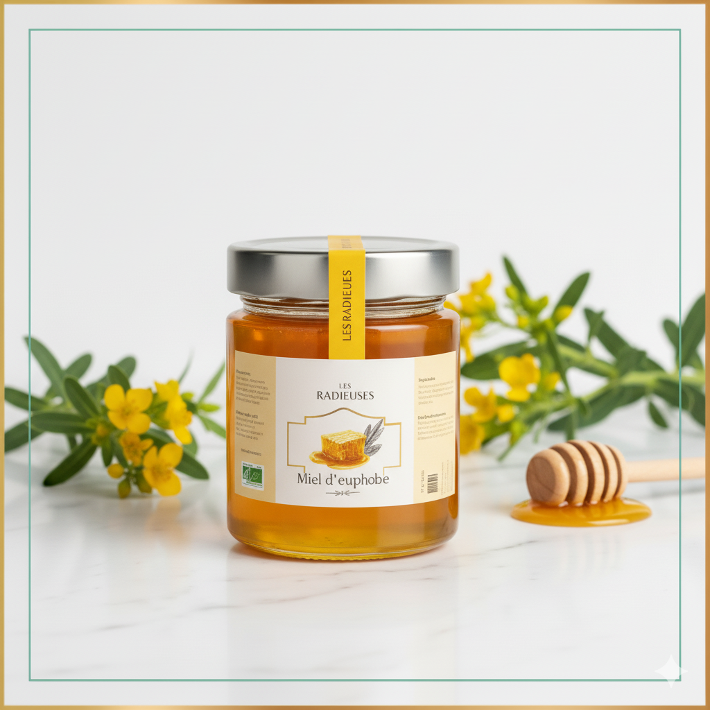 Miel d’euphorbe Zagoum 250g, miel rare marocain, pot verre avec étiquette jaune, apaisant et énergisant