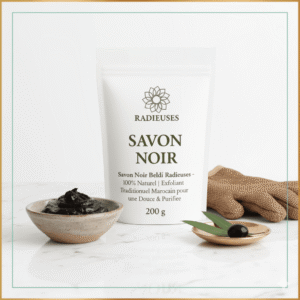 Savon noir marocain Radieuses - Savon exfoliant traditionnel 100% naturel, 200g, idéal pour purifier et adoucir la peau.