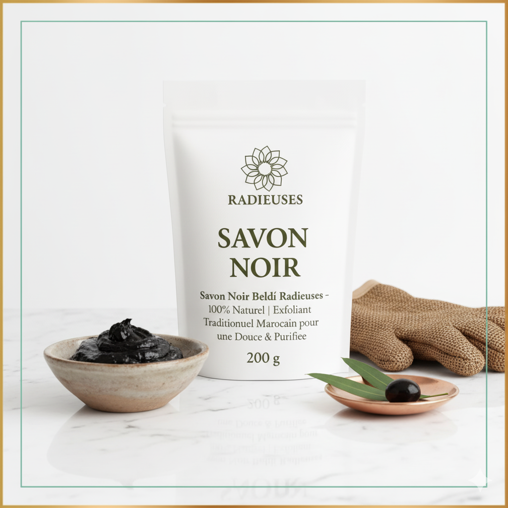 Savon noir marocain Radieuses - Savon exfoliant traditionnel 100% naturel, 200g, idéal pour purifier et adoucir la peau.