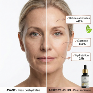 Comparatif avant/après utilisation de l'huile de pépins de figue de barbarie Radieuses sur 28 jours : rides atténuées de 47%, élasticité boostée de 62% et hydratation 24h.
