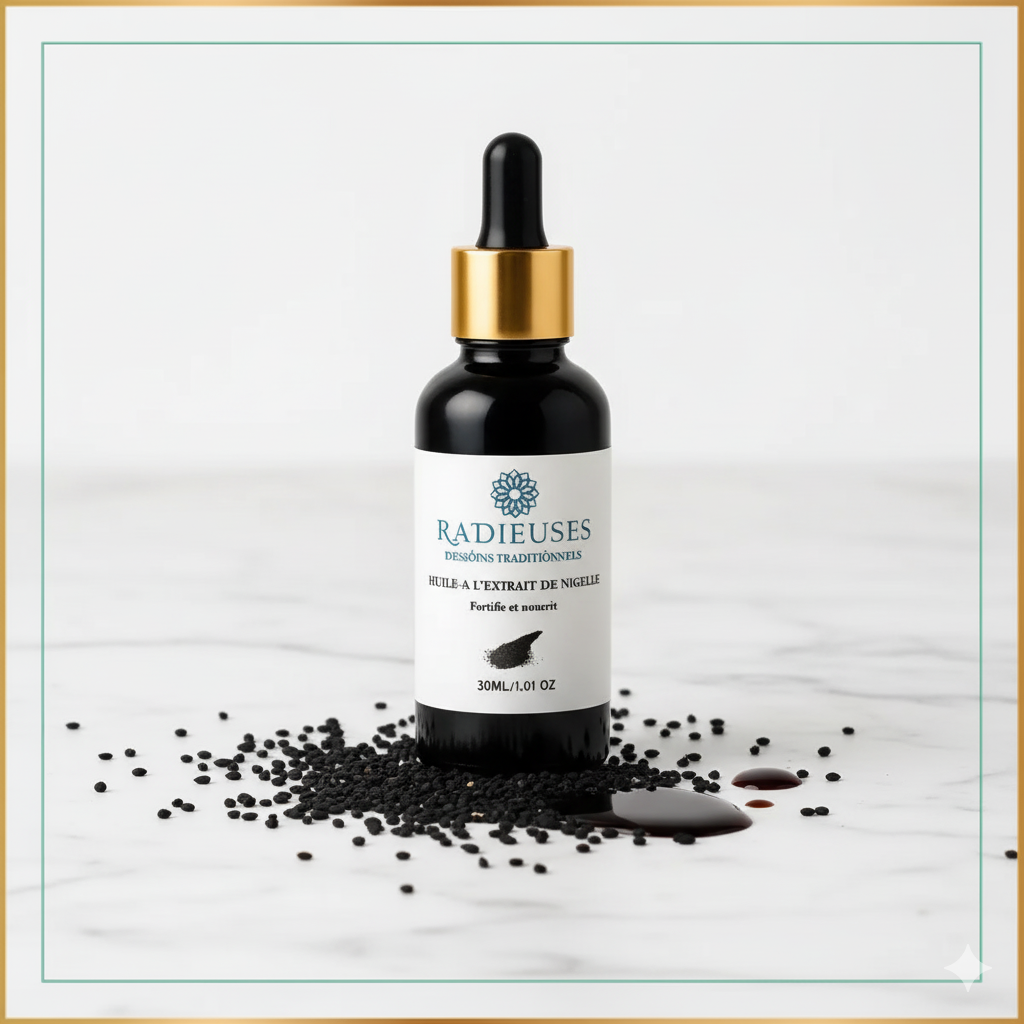 Huile de nigelle 30ml, soin purifiant naturel, flacon pipette dorée, fortifie cheveux et peau