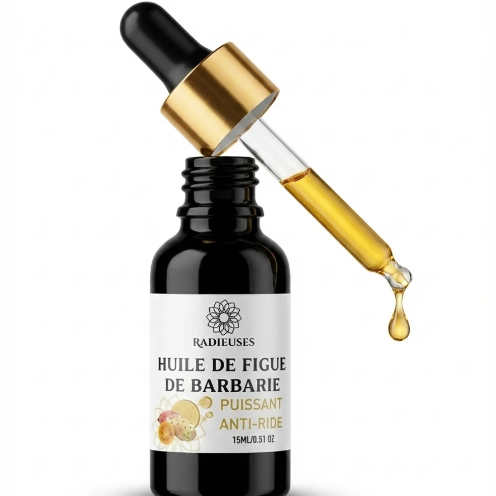 Huile-pepins-figue-barbarie-serum-15ml Flacon compte-gouttes d'huile de pépins de figue de barbarie Radieuses montrant la texture dorée du sérum.