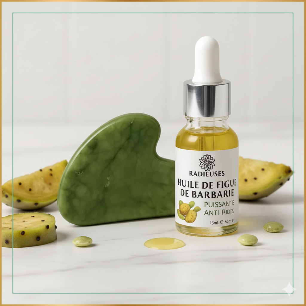 Flacon Huile de Figue de Barbarie Radieuses, puissante anti-rides 15ml, avec fruits de figue de Barbarie frais sur fond blanc marbré.
