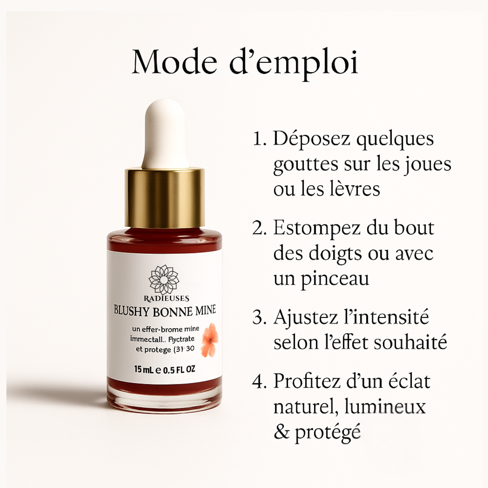 Blushy Bonne Mine Radieuses 15ml, blush liquide rosé avec SPF 30, flacon pipette dorée
