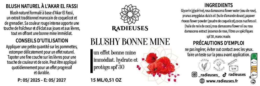 Blushy Bonne Mine Radieuses 15ml, blush liquide rosé avec SPF 30, flacon pipette dorée