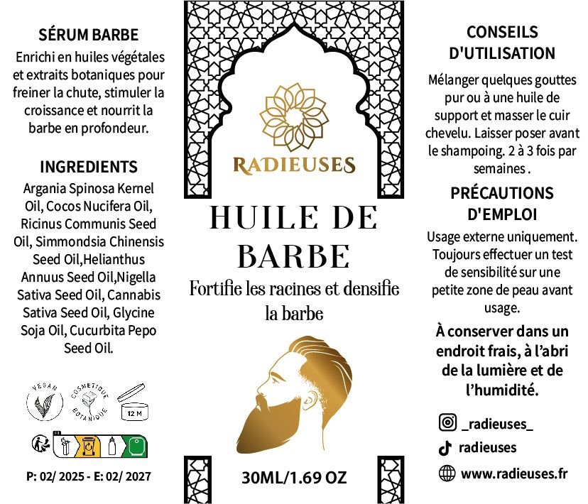 ETTIQUETTE HUILE DE BARBE RADIEUSES INGREDIENTS