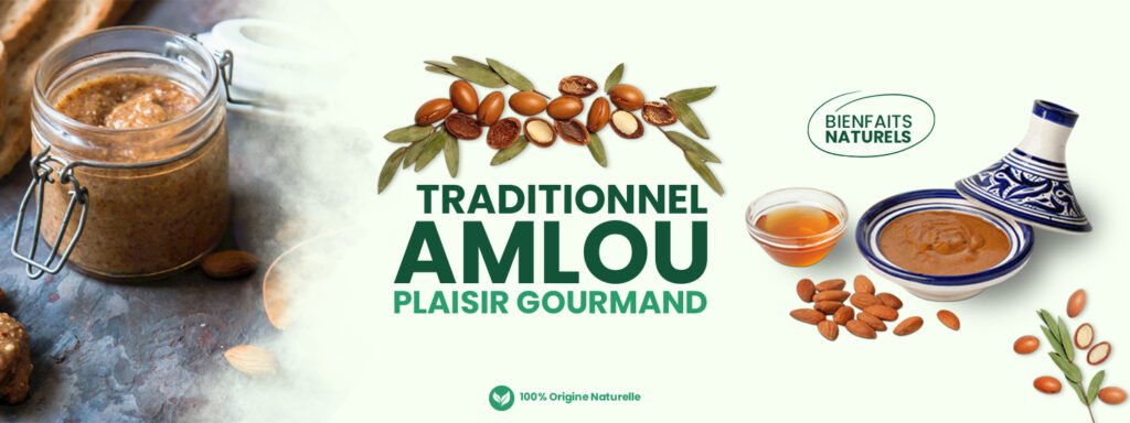 Bannière pour l'Amlou traditionnel marocain, montrant la pâte à tartiner dans un pot et un plat typique, avec ses ingrédients : amandes, noix d'argan et miel pur.