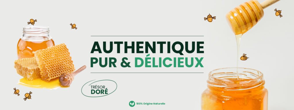 Bannière publicitaire pour du miel pur et authentique, montrant des pots de miel, un rayon de miel et une cuillère à miel.