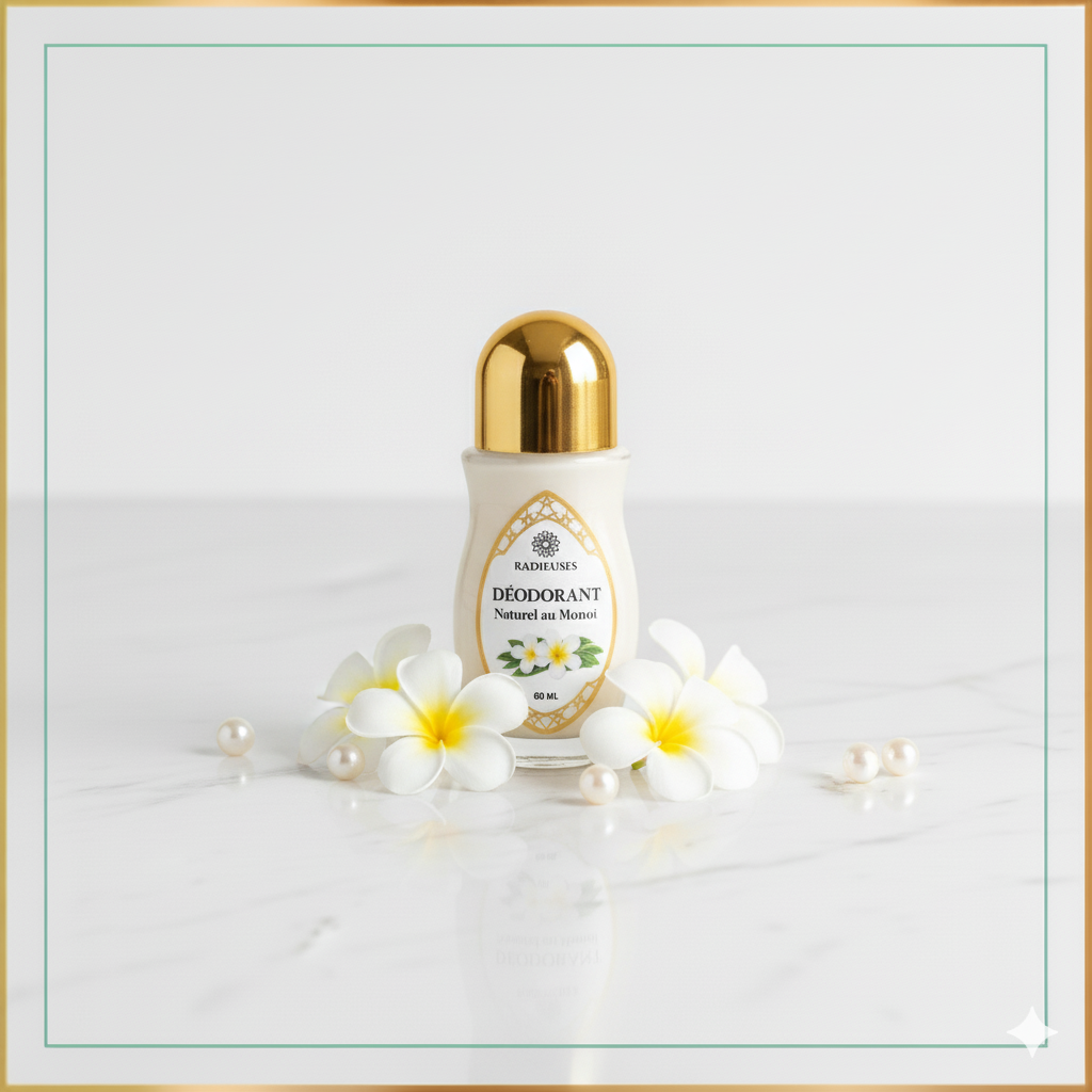 Déodorant naturel monoï 60ml, soin éclaircissant aisselles, flacon roll-on doré, anti-odeurs 24h
