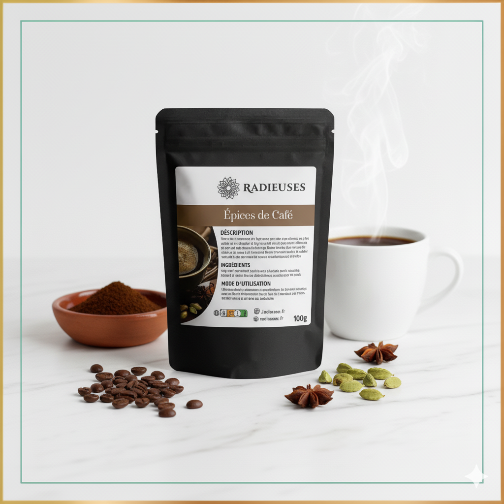 Épices pour café Radieuses - Mélange aromatique oriental 100% naturel, 100g, idéal pour sublimer le café et faciliter la digestion.