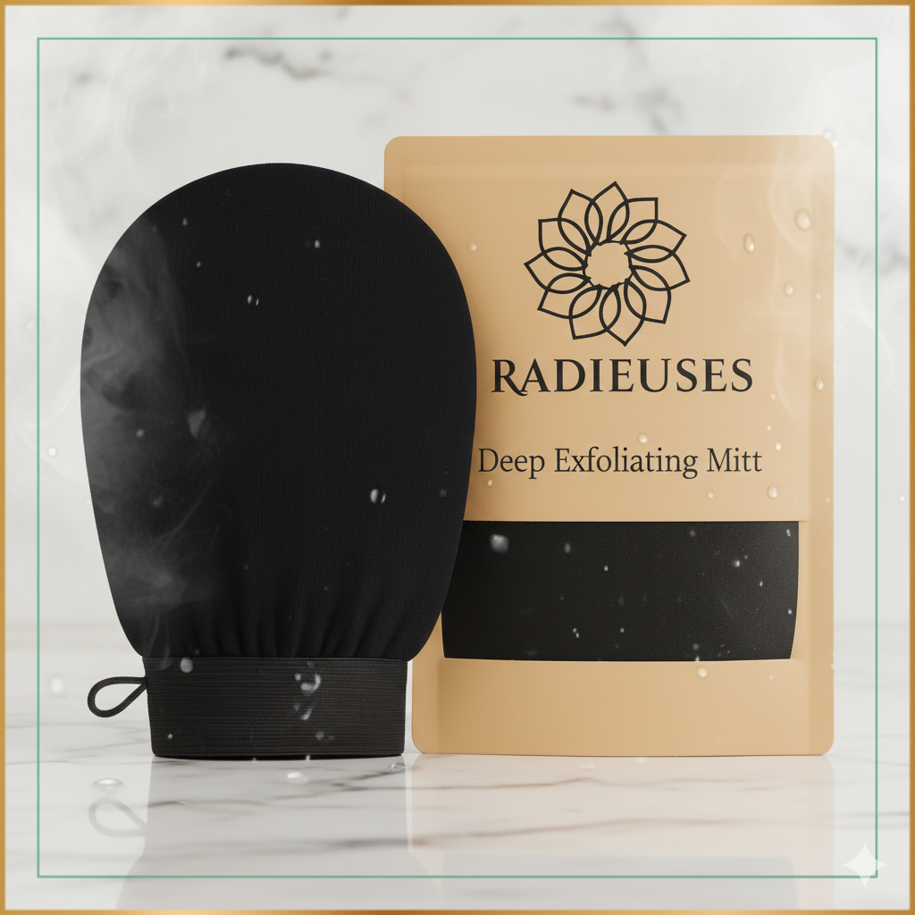 Gant de gommage exfoliant Radieuses - Accessoire hammam en fibres végétales pour exfoliation profonde, peau lisse et régénérée.