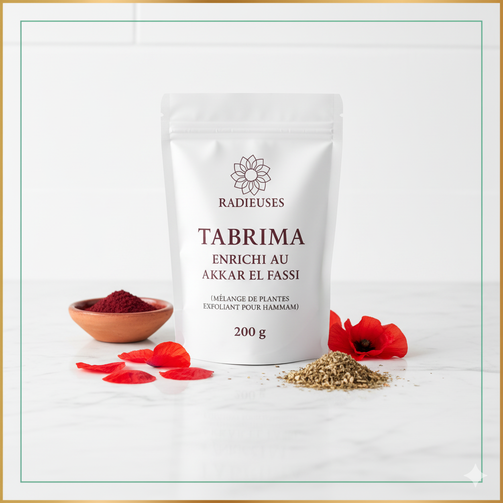 Tabrima au Akkar El Fassi Radieuses - Masque-gommage naturel 200g à base de coquelicot, pour purifier, unifier le teint et donner un éclat rosé.