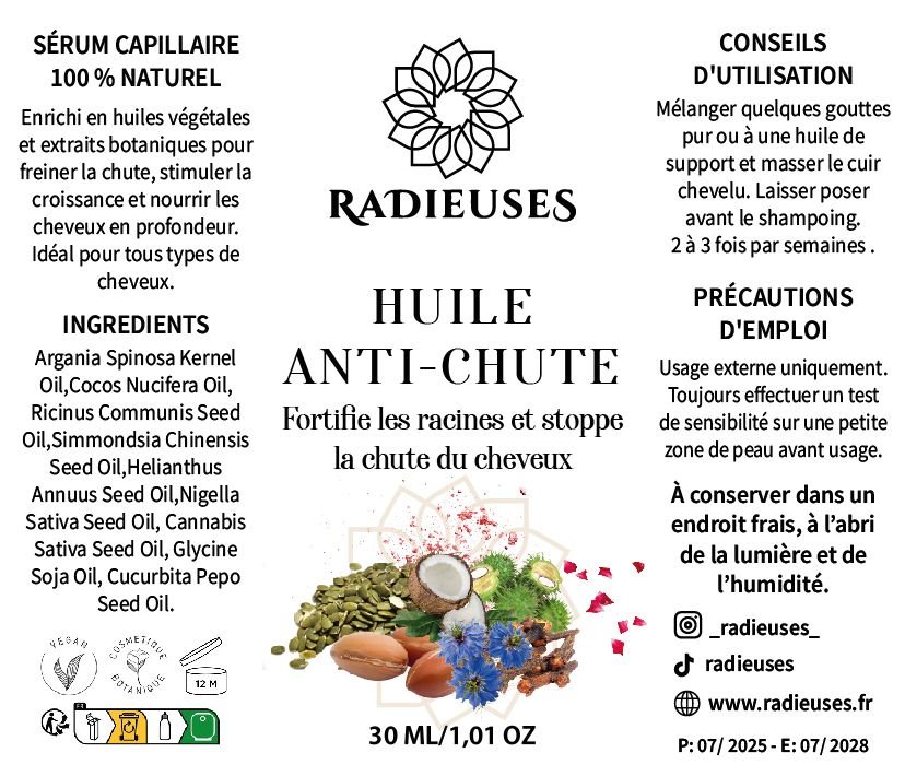 etiquette avec les ingredients de l'huile antichute capillaire