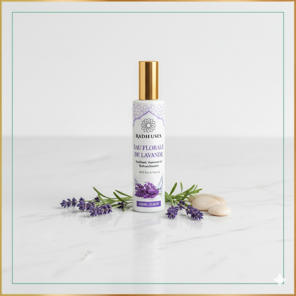 Eau florale lavande 100ml, brume apaisante naturelle, flacon spray doré, purifie et tonifie