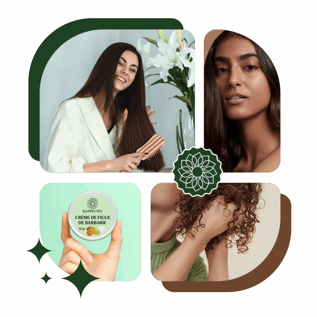 Montage photo de la crème de figue de barbarie Radieuses, illustrant ses bienfaits : une femme aux cheveux lisses et brillants, un gros plan sur des cheveux bouclés bien définis, et un portrait de femme à la peau éclatante.