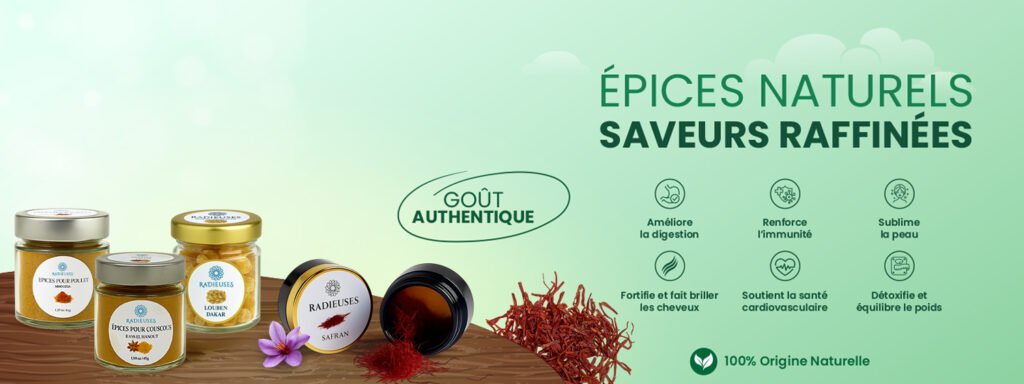 Bannière pour les épices naturels Radieuses, montrant des pots de safran et curcuma. Le texte liste 6 bienfaits : Améliore la digestion, Renforce l'immunité, Sublime la peau, Fortifie les cheveux, Soutient la santé cardiovasculaire, Détoxifie.