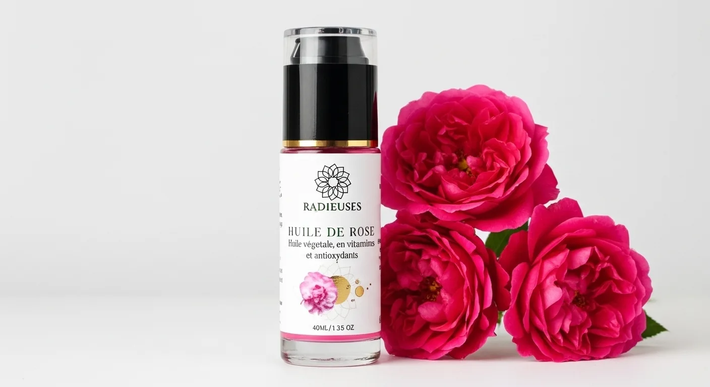 huile de roses avec 3 roses sur fond blanc