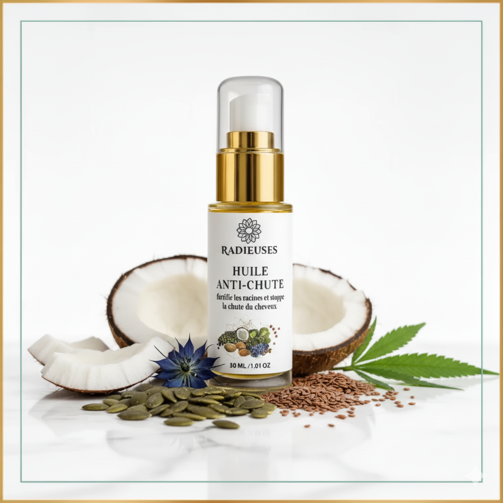 Huile anti-chute 40ml, fortifie racines et stoppe chute cheveux, flacon pipette dorée avec ingrédients naturels