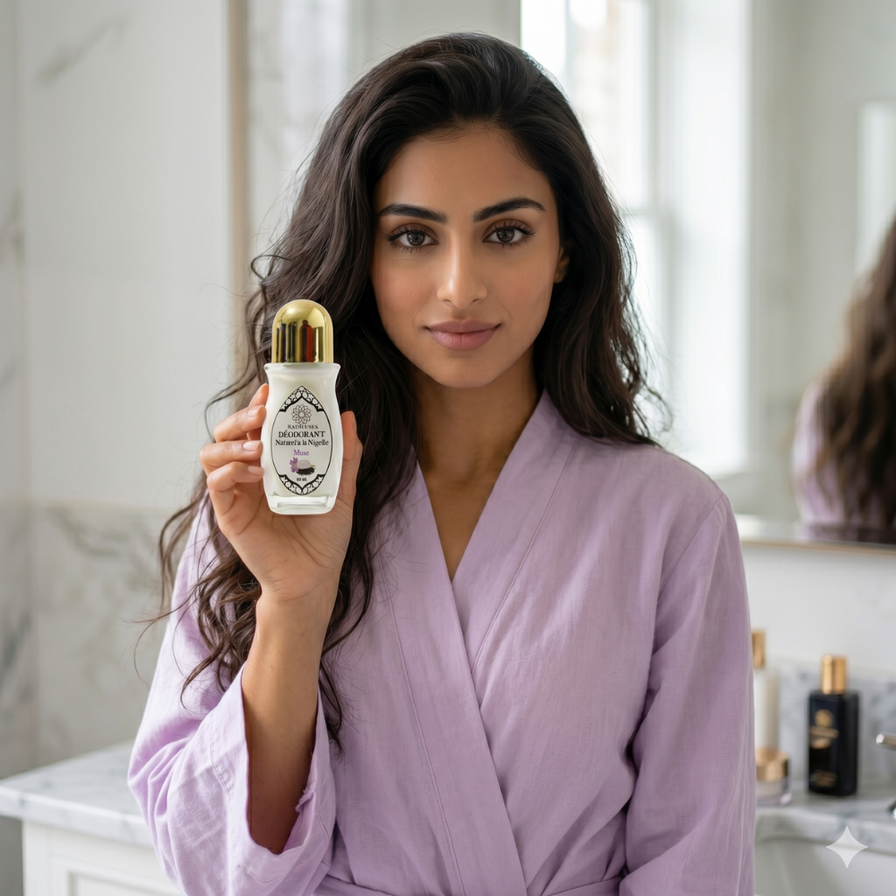 belle femme applique le deodorant musc nigelle