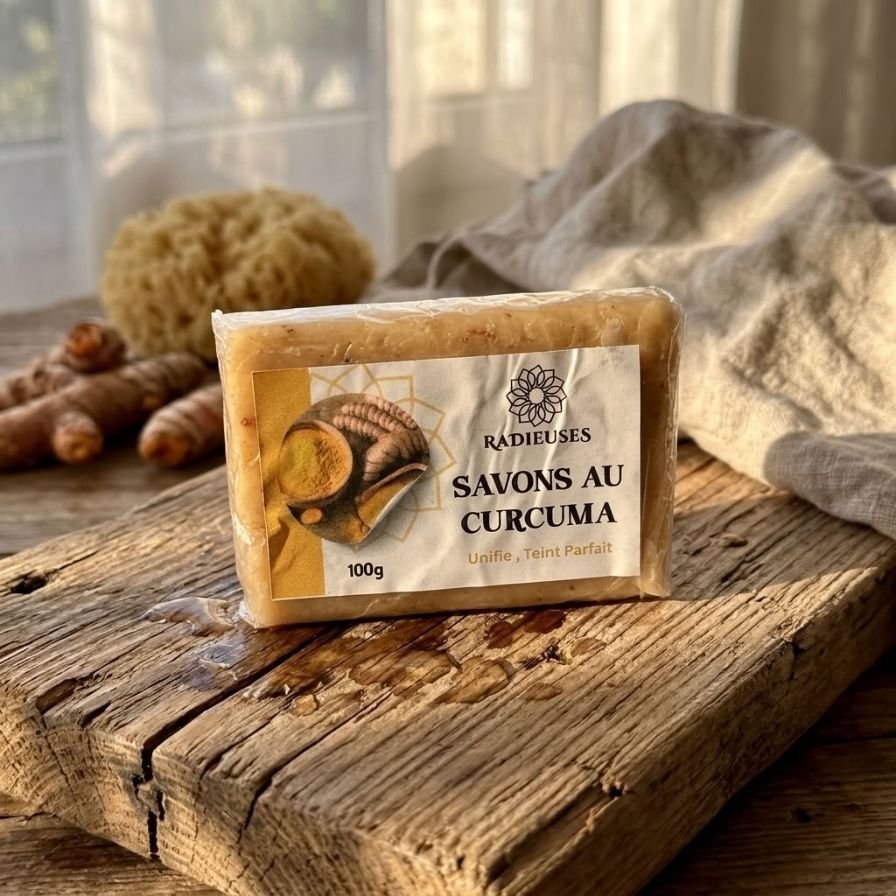 Savon au curcuma Radieuses artisanal, texture dorée sur bois brut