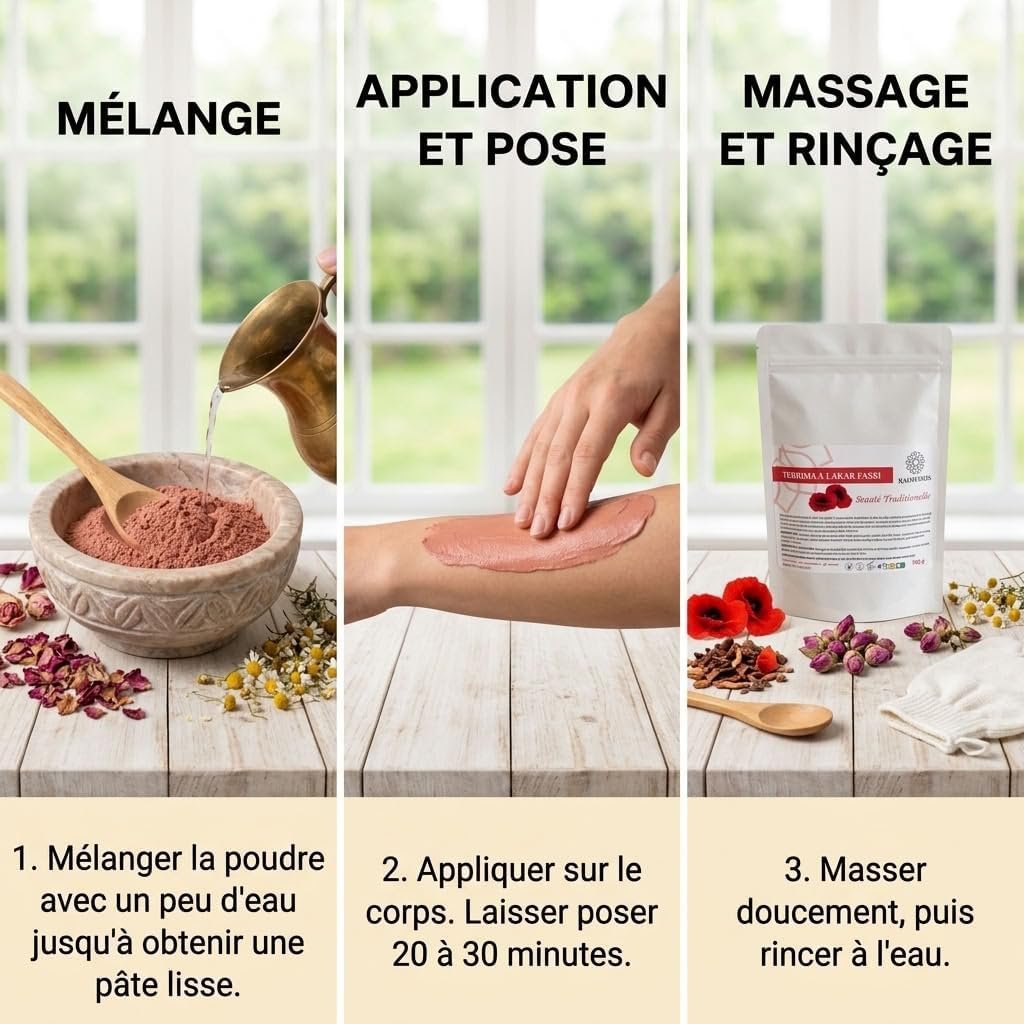 Mode d’emploi de la tabrima Akar El Fassi : mélange, pose et massage au rinçage