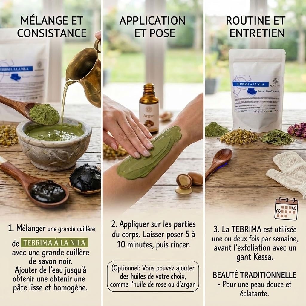 Mode d’emploi de la tabrima au Nila : mélange, application et routine hammam
