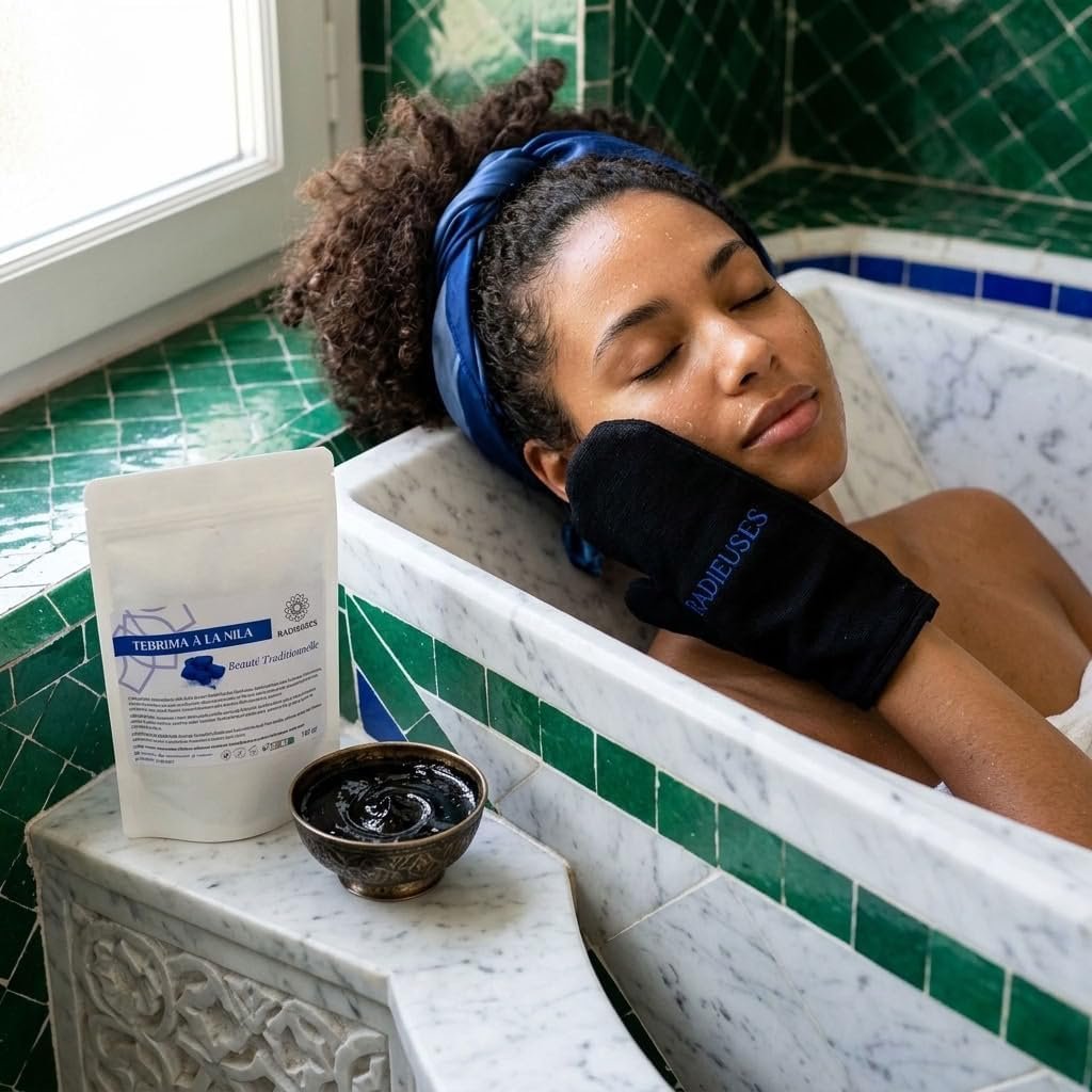 Rituel hammam à la maison avec la tabrima au Nila et le gant de gommage