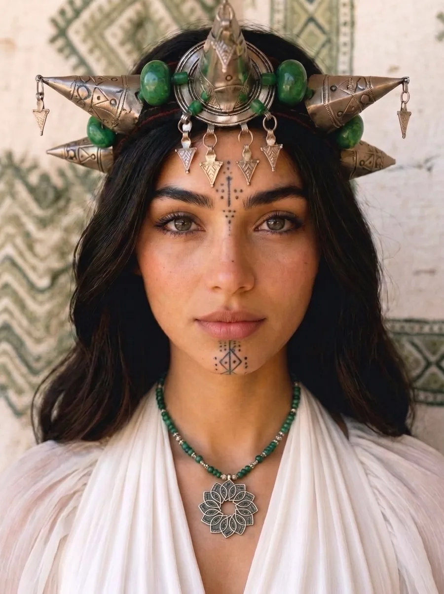 Femme amazighe aux tatouages traditionnels, parure berbère et pendentif rosace Radieuses